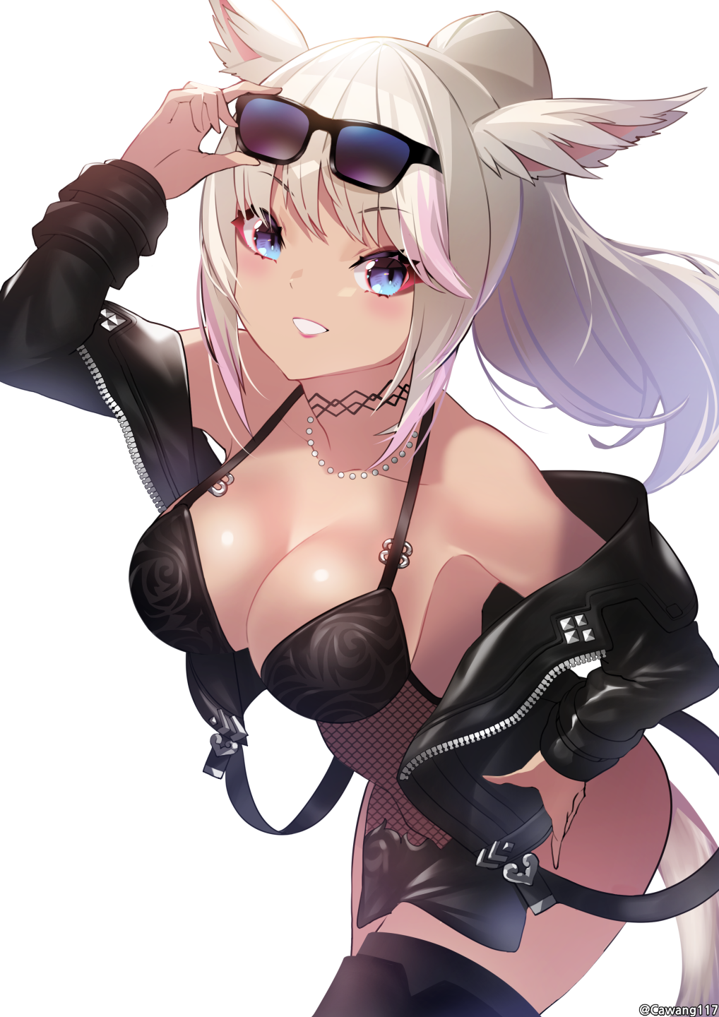 1girl animal_ears avatar_(ff14) bangs black_bra black_jacket blonde_hair boots bra breasts cawang cleavage commission cowboy_shot eyeliner eyewear_on_head final_fantasy final_fantasy_xiv grin gyaru highres jacket jewelry leaning_forward makeup medium_breasts miqo'te necklace off_shoulder open_clothes open_jacket ponytail smile solo sunglasses tan thigh_boots thighhighs underwear