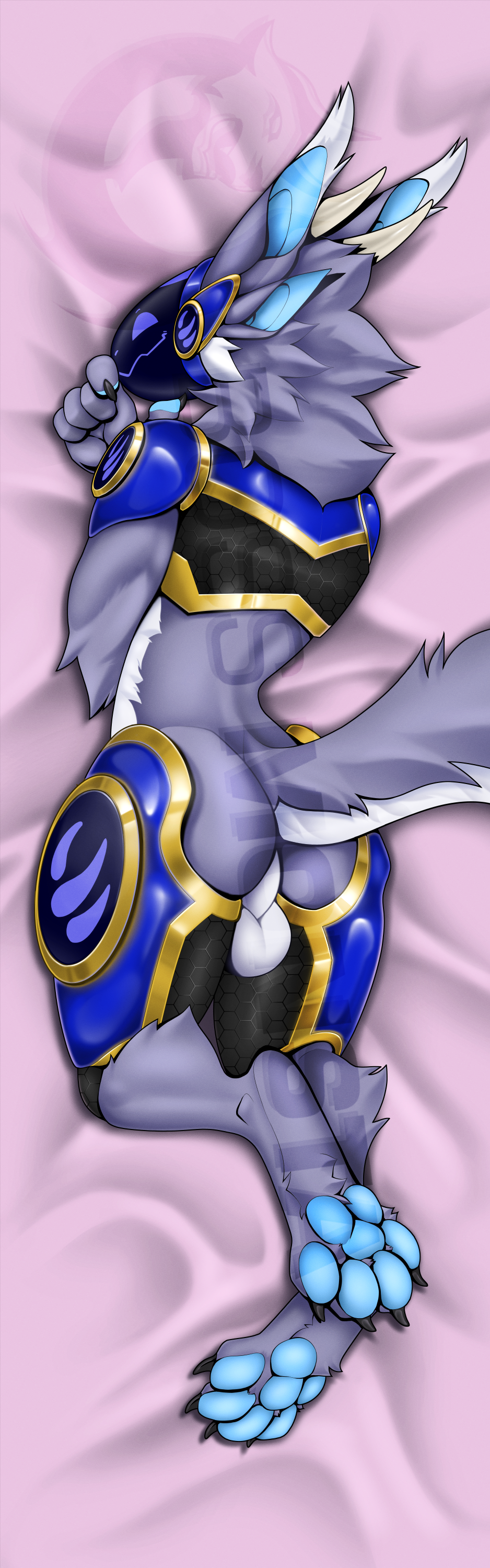 absurd_res anthro balls bed_sheet bedding blue_body butt genitals hi_res lying machine male pawpads protogen protogen_visor raeal_(character) raeal_the_protogen simple_background solo solo_focus unknown_artist watermark watermarked_at_source white_bed_sheet white_bedding white_blanket