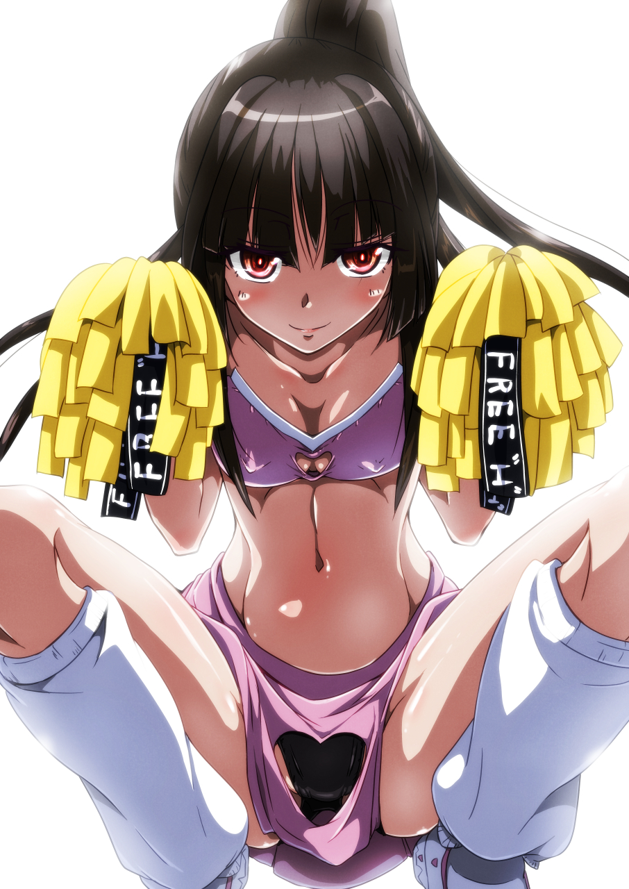 1girl alternate_hairstyle bangs black_hair black_panties blunt_bangs breasts cheerleader covered_nipples crop_top highres holding holding_pom_poms long_hair looking_at_viewer midriff navel panties pink_eyes pink_skirt pom_pom_(cheerleading) ponytail senki_zesshou_symphogear shiny shiny_hair shiny_skin simple_background skirt skirt_cutout small_breasts smile solo squatting tappa_(esperanza) tsukuyomi_shirabe underwear white_background