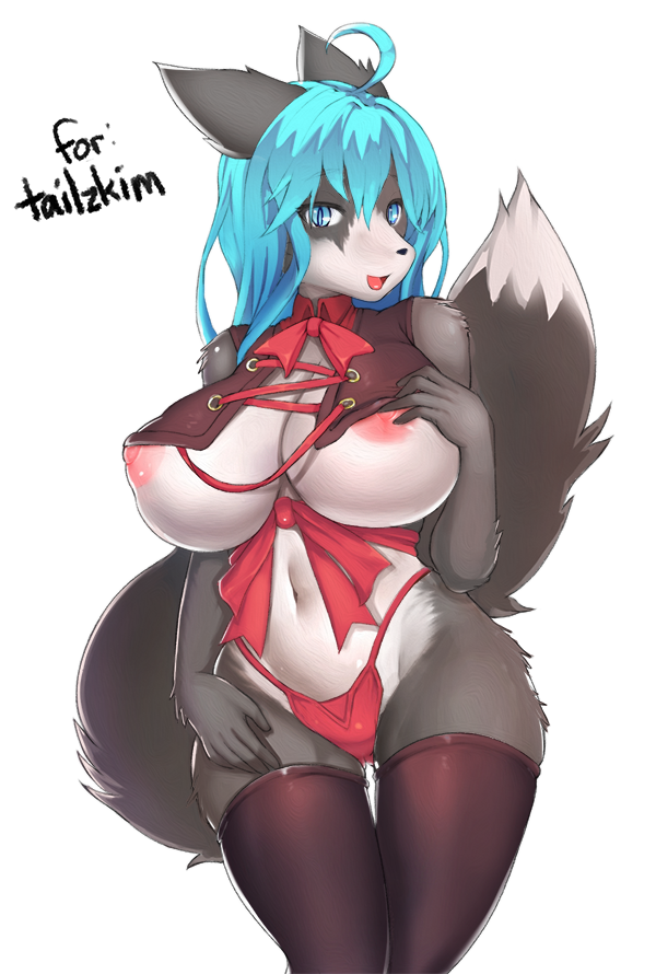 anthro areola big_breasts blue_eyes blue_hair breasts canid canine canis clothing domestic_dog female hair hanul legwear lingerie long_hair looking_at_viewer mammal nipples nyaongssi panties pink_areola pink_nipples solo thigh_highs thong underwear wide_hips