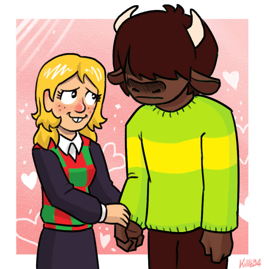 &lt;3 alternate_species anthro bison blonde_hair bovid bovine brown_body brown_fur deltarune duo female fur hair human killb94_(artist) kris_(deltarune) male male/female mammal noelle_holiday undertale_(series) video_games