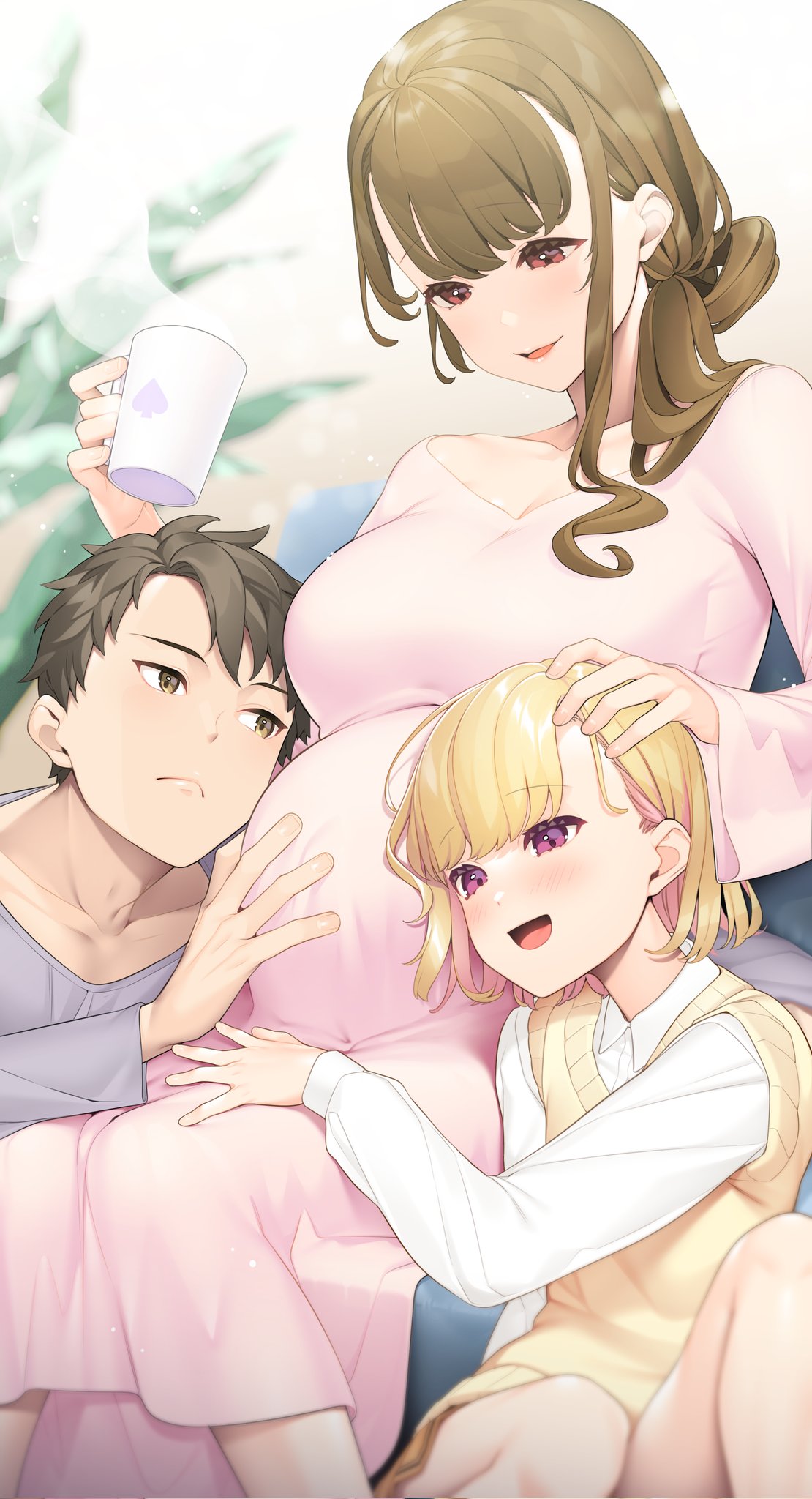 1boy 2girls :d age_difference blonde_hair blurry blush boy_and_girl_sandwich breasts brown_hair character_request collarbone cup depth_of_field dress dress_shirt giuniu hair_rings hand_on_another's_head hand_on_another's_stomach hand_on_another's_thigh highres holding holding_cup katsuragi_ayako large_breasts long_sleeves mature_female mug multiple_girls musume_janakute_mama_ga_suki_nano!? pink_dress pleated_skirt ponytail pregnant purple_eyes sandwiched school_uniform second-party_source shirt short_hair single_sidelock sitting skirt smile spade_(shape) sweater_vest white_shirt yellow_sweater_vest