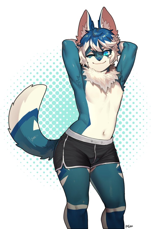 anthro blue_body blue_eyes blue_fur bottomwear clothing fur hands_behind_head looking_at_viewer male navel one_eye_closed pgm300 shorts smile solo wink
