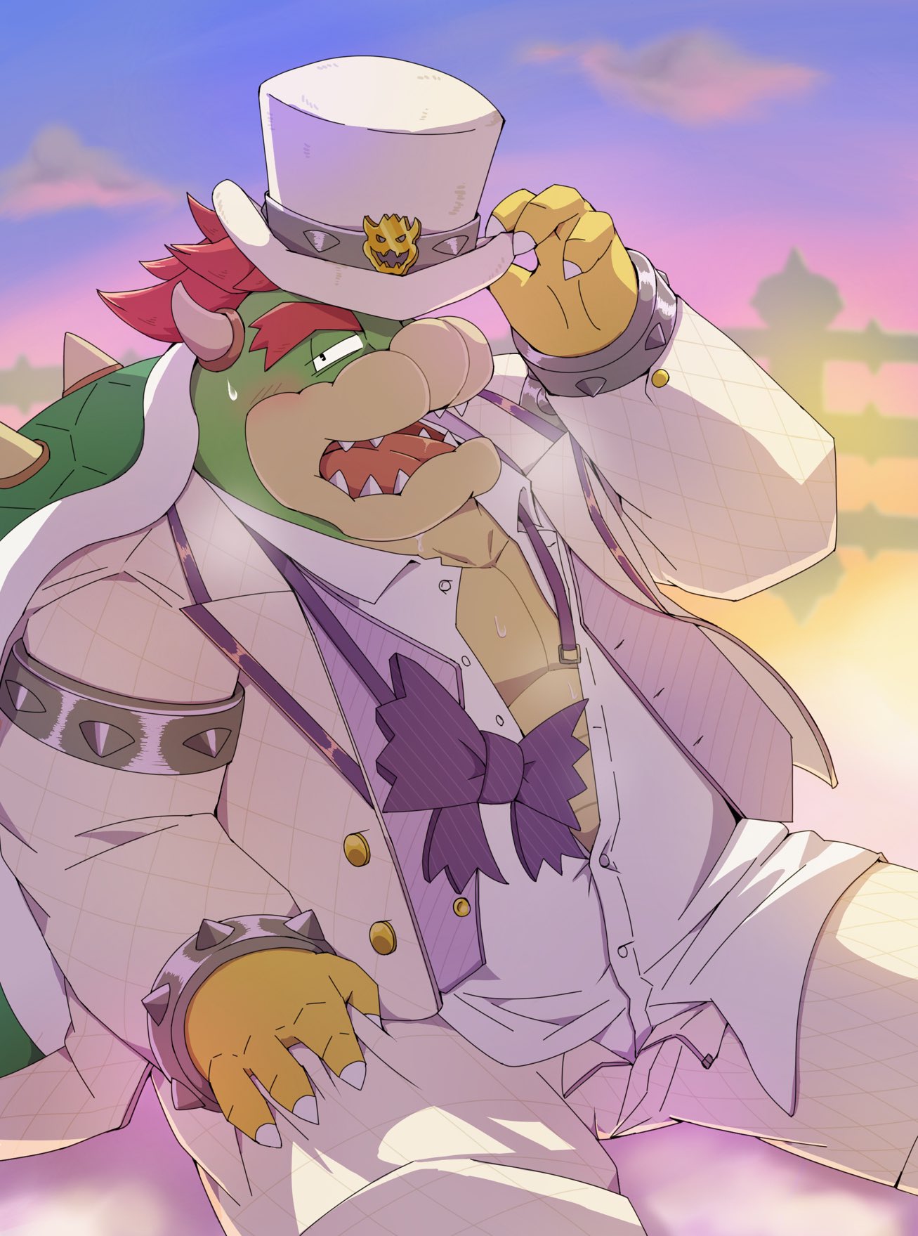 2022 anthro belly big_belly blush bottomwear bow_tie bowser clothing emufu hat headgear headwear hi_res humanoid_hands kemono koopa male mario_bros nintendo outside overweight overweight_male pants scalie shirt sitting solo topwear video_games weat