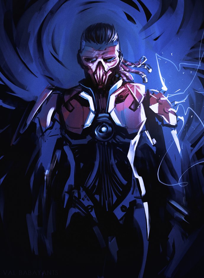 1boy apex_legends armor brown_hair cable electricity fade_(apex_legends) hair_slicked_back limited_palette looking_at_viewer male_focus mask purple_background solo val_(vbabylon)