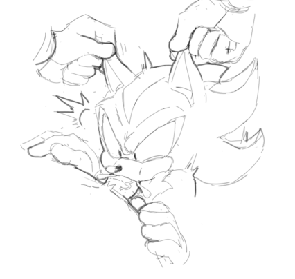 anthro arrow_hearted balls bodily_fluids cum cum_in_mouth cum_inside disembodied_penis duo ear_pull genital_fluids genitals low_res male male/male oral penis sega shadow_the_hedgehog sonic_the_hedgehog_(series)