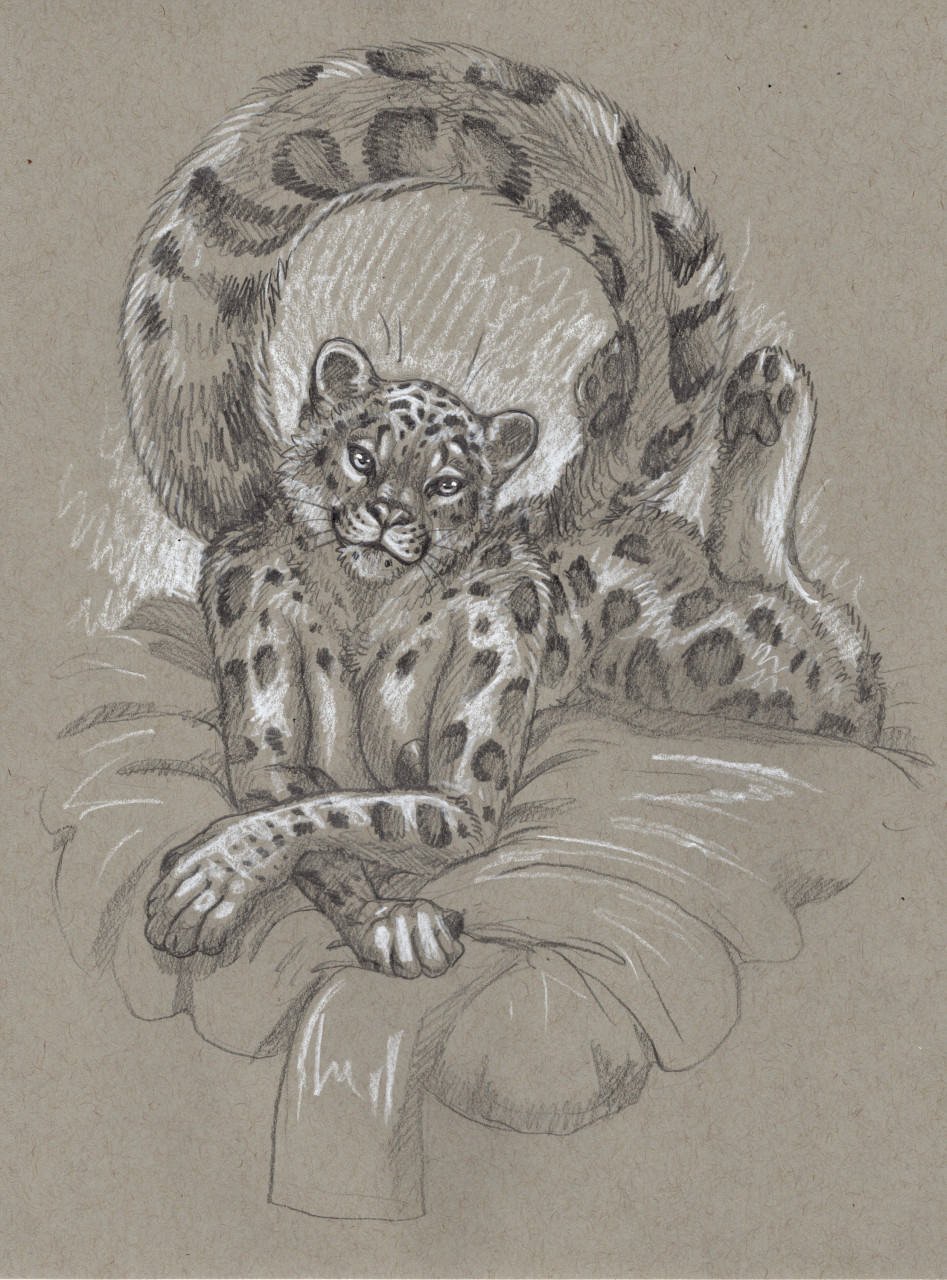 anthro bed_sheet bedding big_breasts breasts cadmiumtea felid female fur hi_res looking_at_viewer lying mammal monochrome nude on_front pantherine pawpads sepia simple_background snow_leopard solo spots spotted_body spotted_fur
