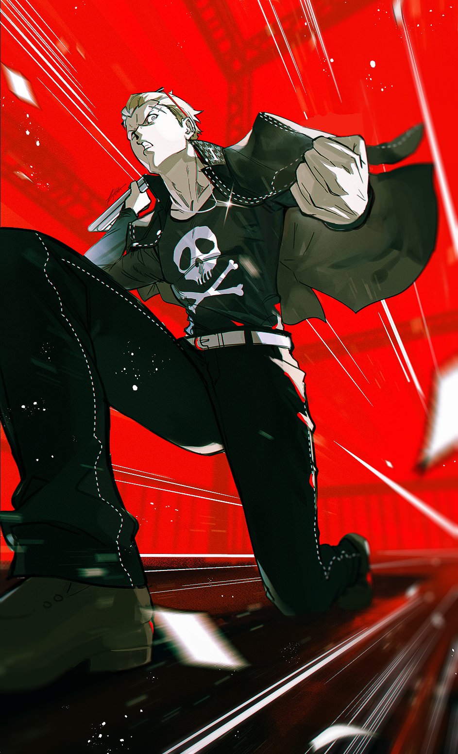 1boy btmr_game clenched_hand clenched_teeth highres holding jacket jacket_on_shoulders jewelry long_sleeves looking_at_viewer male_focus necklace one_knee pants persona persona_4 scar scar_on_face school_uniform shirt signature skull_print solo sparkle tatsumi_kanji teeth yasogami_school_uniform