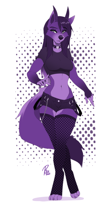 2022 4_toes 5_fingers anthro breasts canid canine canis clothed clothing digital_media_(artwork) eyebrows eyelashes feet female fingers fur hair mammal purple_body purple_fur purple_hair solo standing toes wolf wolflady