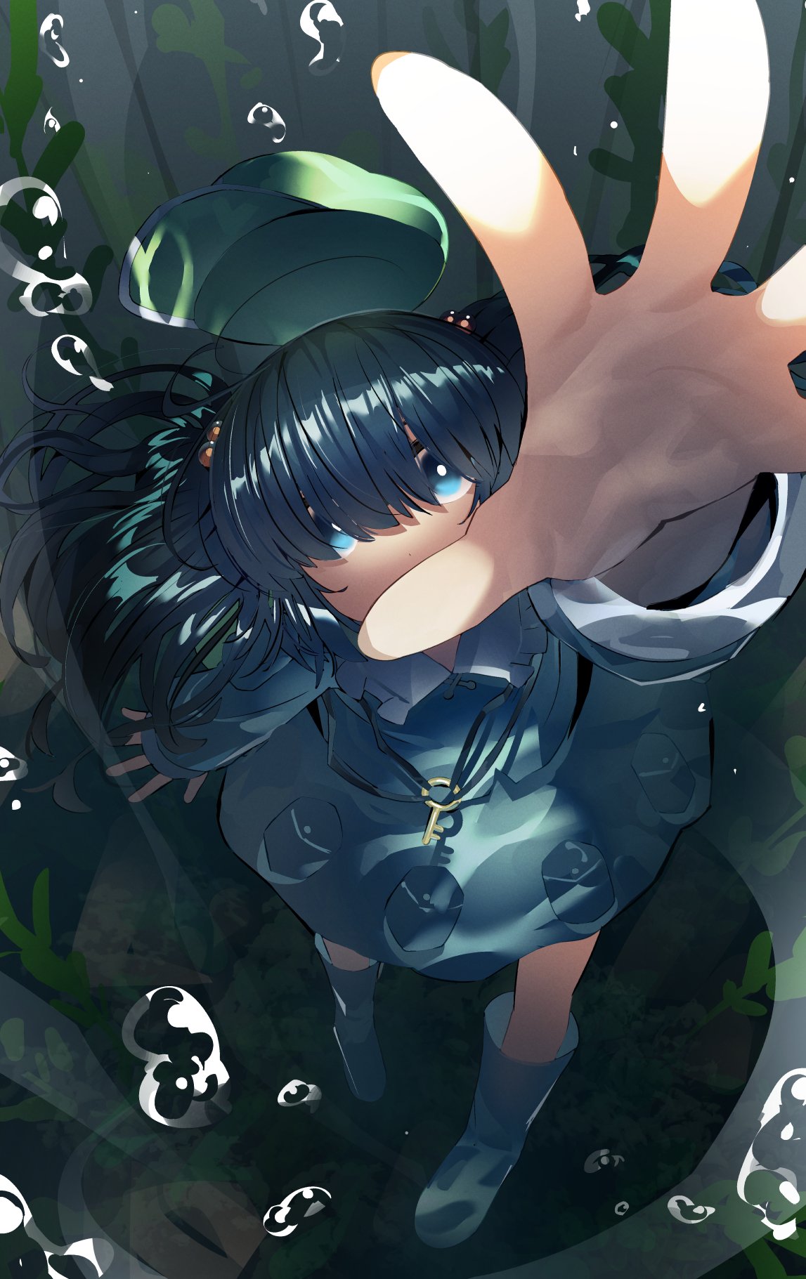 1girl air_bubble blue_eyes blue_hair blue_skirt boots bubble eyebrows_behind_hair foreshortening from_above hair_bobbles hair_ornament hair_over_eyes hat highres kawashiro_nitori looking_at_viewer monosenbei perspective pocket reaching_out short_hair short_sleeves skirt solo touhou two_side_up underwater