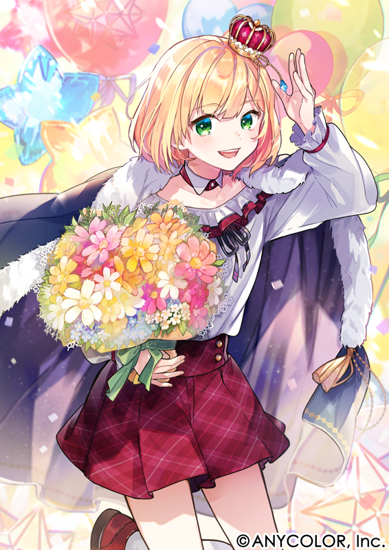 1boy balloon bangs blonde_hair bouquet collarbone crown flower green_eyes holding holding_bouquet male_focus nijisanji off-shoulder_shirt off_shoulder official_art open_hand otoko_no_ko pink_flower purple_flower red_footwear red_skirt shirt shirt_tucked_in short_hair skirt smile solo star_(symbol) suzuya_aki tama_(songe) virtual_youtuber white_flower white_shirt yellow_flower