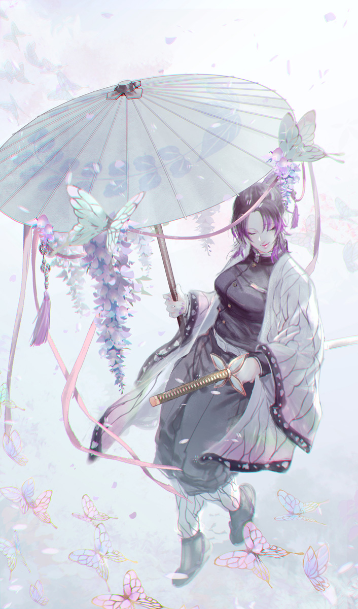 1girl bangs beads belt black_hair black_pants breasts bug butterfly butterfly_hair_ornament closed_eyes closed_mouth colored_tips demon_slayer_uniform facing_to_the_side flock flower from_above from_side full_body hair_ornament haori highres holding holding_sword holding_umbrella holding_weapon japanese_clothes kimetsu_no_yaiba kochou_shinobu light_smile mak_(kainemaru) multicolored_hair oil-paper_umbrella pants pants_tucked_in petals print_umbrella purple_hair sandals shin_guards smile solo standing standing_on_one_leg streaked_hair sword tassel umbrella updo weapon wisteria