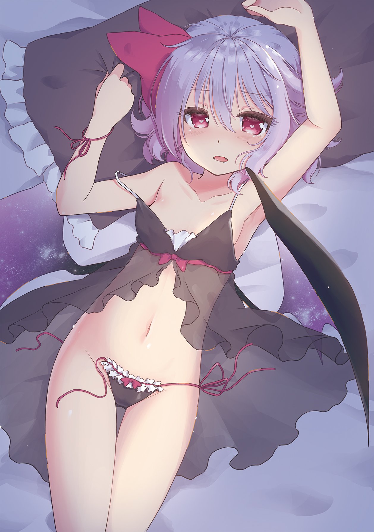 1girl armpits arms_up babydoll bangs bare_shoulders bat_wings bed_sheet beni_kurage black_panties blush breasts collarbone commentary_request dutch_angle expressionless eyebrows_visible_through_hair fang groin hair_between_eyes hair_ribbon heart heart-shaped_pupils highres light_purple_hair looking_at_viewer lowleg lowleg_panties lying navel no_hat no_headwear on_back open_mouth panties pillow red_eyes red_ribbon remilia_scarlet ribbon shiny shiny_hair short_hair side-tie_panties small_breasts solo stomach_day strap_slip symbol-shaped_pupils thigh_gap touhou underwear untied untied_panties wavy_hair wings