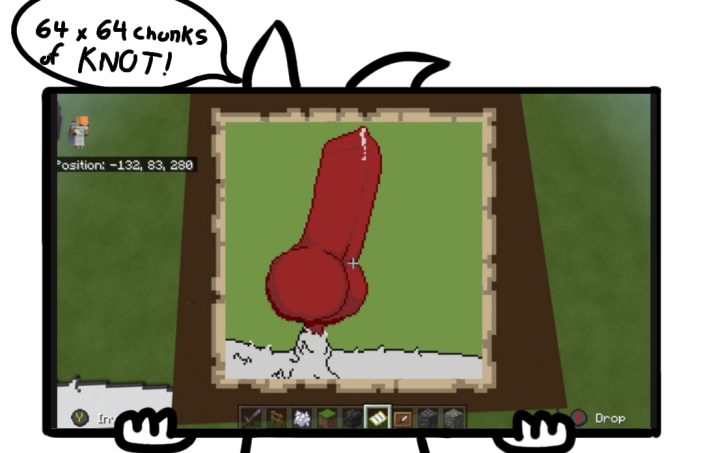 alpha_channel anthro balls bodily_fluids canid canine canis concealed crosshair dialogue digital_media_(artwork) fox fur genital_fluids genitals holding_object knot male mammal map microsoft minecraft minecraft_map_art mojang pixel_(artwork) precum simple_background simplistic sketch solo speech_bubble that1foxartist transparent_background video_games white_body white_fur wolf xbox xbox_game_studios