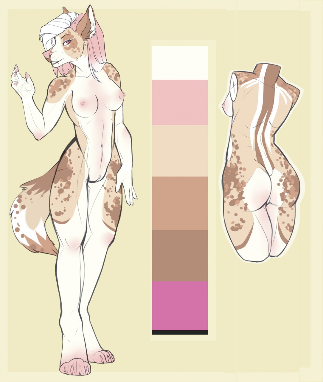 2015 anthro breasts canid canine canis colored_nails domestic_dog female fox_on_mushrooms fur genitals hair hi_res mammal model_sheet multicolored_body multicolored_fur multicolored_hair nails nude pink_eyes pink_nose pussy reign_(scfiii) shaded simple_background simple_shading solo spots spotted_body spotted_fur unknown_artist white_nails