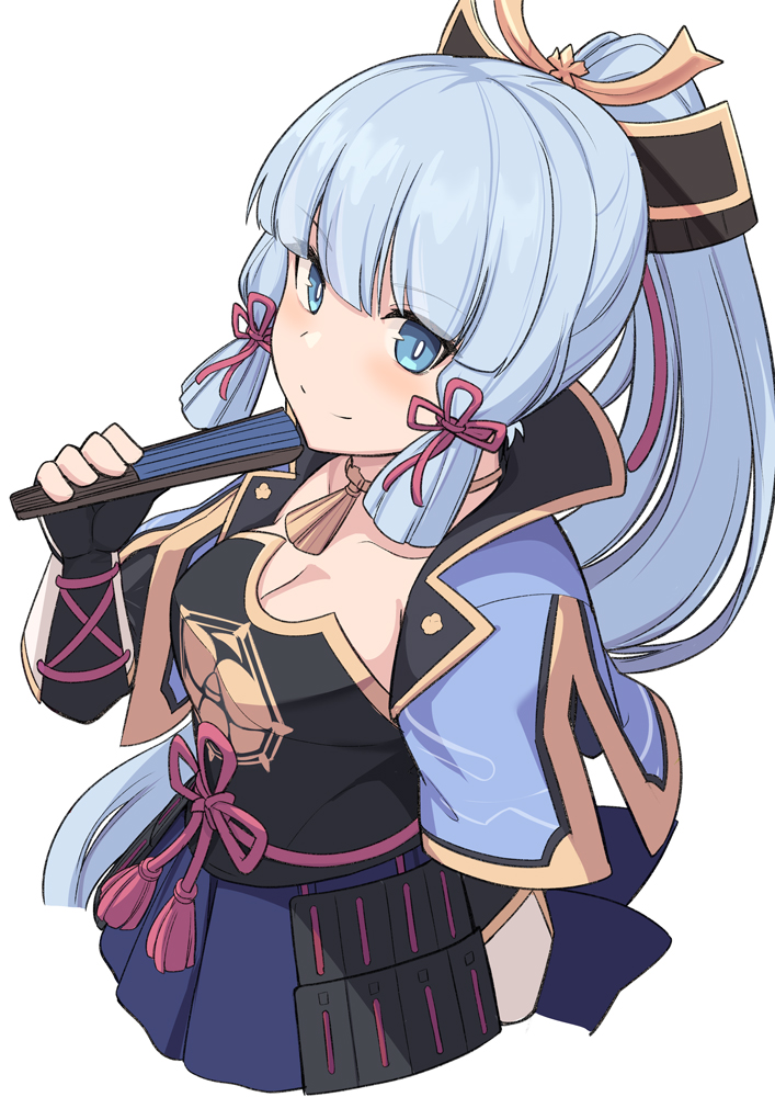 1girl arm_guards armor armored_dress bangs blue_dress blue_eyes blue_shirt blunt_bangs blush breastplate breasts bridal_gauntlets detached_sleeves dress folding_fan genshin_impact hair_ornament hand_fan japanese_armor jewelry kamisato_ayaka large_breasts light_blue_hair long_hair looking_at_viewer neck_ring open_clothes open_shirt ponytail rope shirt shiseki_hirame short_sleeves sidelocks smile solo tassel