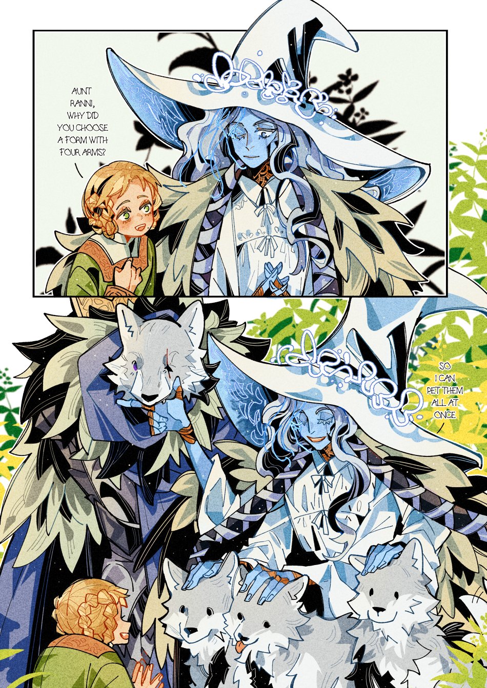 1boy 2boys animal armor bangs blaidd_the_half-wolf blonde_hair blue_eyes blue_hair blue_skin blush braid cloak colored_skin cracked_skin doll_joints drenched-in-sunlight dress elden_ring extra_arms extra_faces fur_cloak furry furry_male green_dress green_eyes hair_rings hat highres joints long_hair long_sleeves mole mole_under_mouth multiple_boys one_eye_closed open_mouth petting ranni_the_witch rya_(elden_ring) smile white_dress white_headwear witch witch_hat wolf wolf_boy