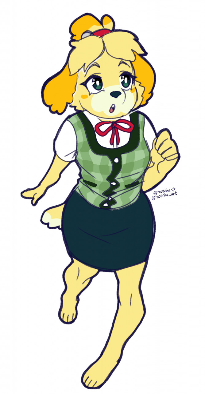 animal_crossing anthro barefoot bell blush blush_stickers bottomwear canid canine canis clothing domestic_dog feet female hi_res isabelle_(animal_crossing) kikoepi mammal nintendo pencil_skirt shih_tzu skirt solo toy_dog video_games