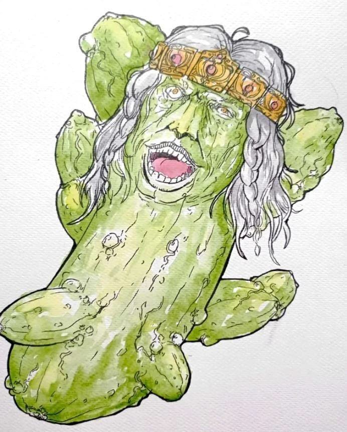 2022 adult_swim alternate_species animate_inanimate anthro blursed_image braided_hair cartoon_network crown elden_ring food food_creature fromsoftware godrick_the_grafted hair humor lips long_hair male meme multi_limb not_furry open_mouth open_smile pickle_(food) rick_and_morty simple_background smile solo teeth tongue traditional_media_(artwork) unknown_artist vein video_games what white_background why