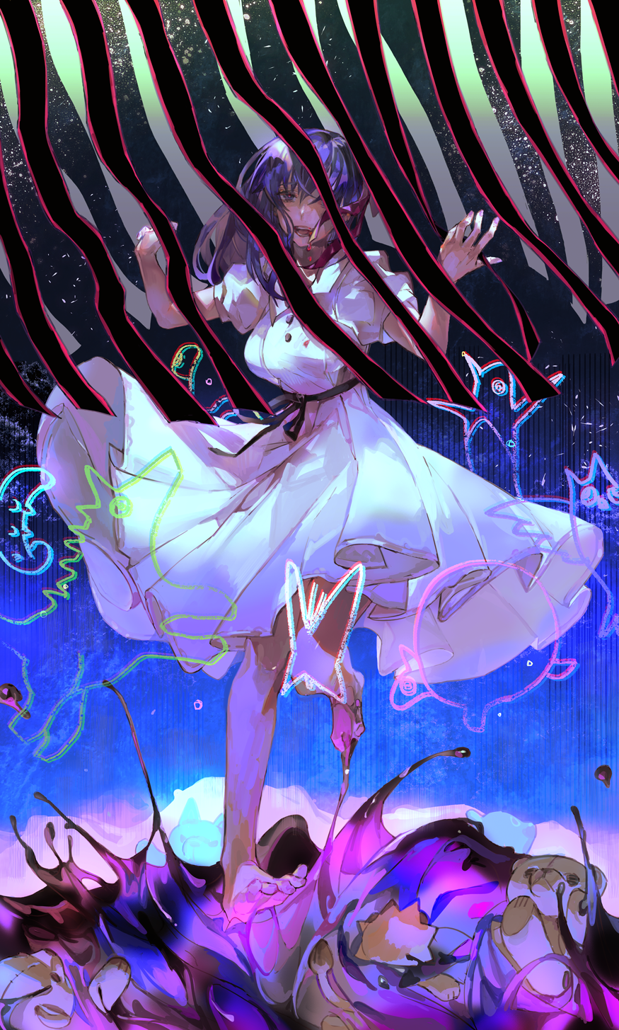 1girl barefoot blood blood_from_mouth collared_dress commentary dress fate/stay_night fate_(series) hair_over_one_eye hair_ribbon heaven's_feel highres kibadori_rue long_hair matou_sakura open_mouth puffy_short_sleeves puffy_sleeves purple_eyes purple_hair ribbon short_sleeves smile solo