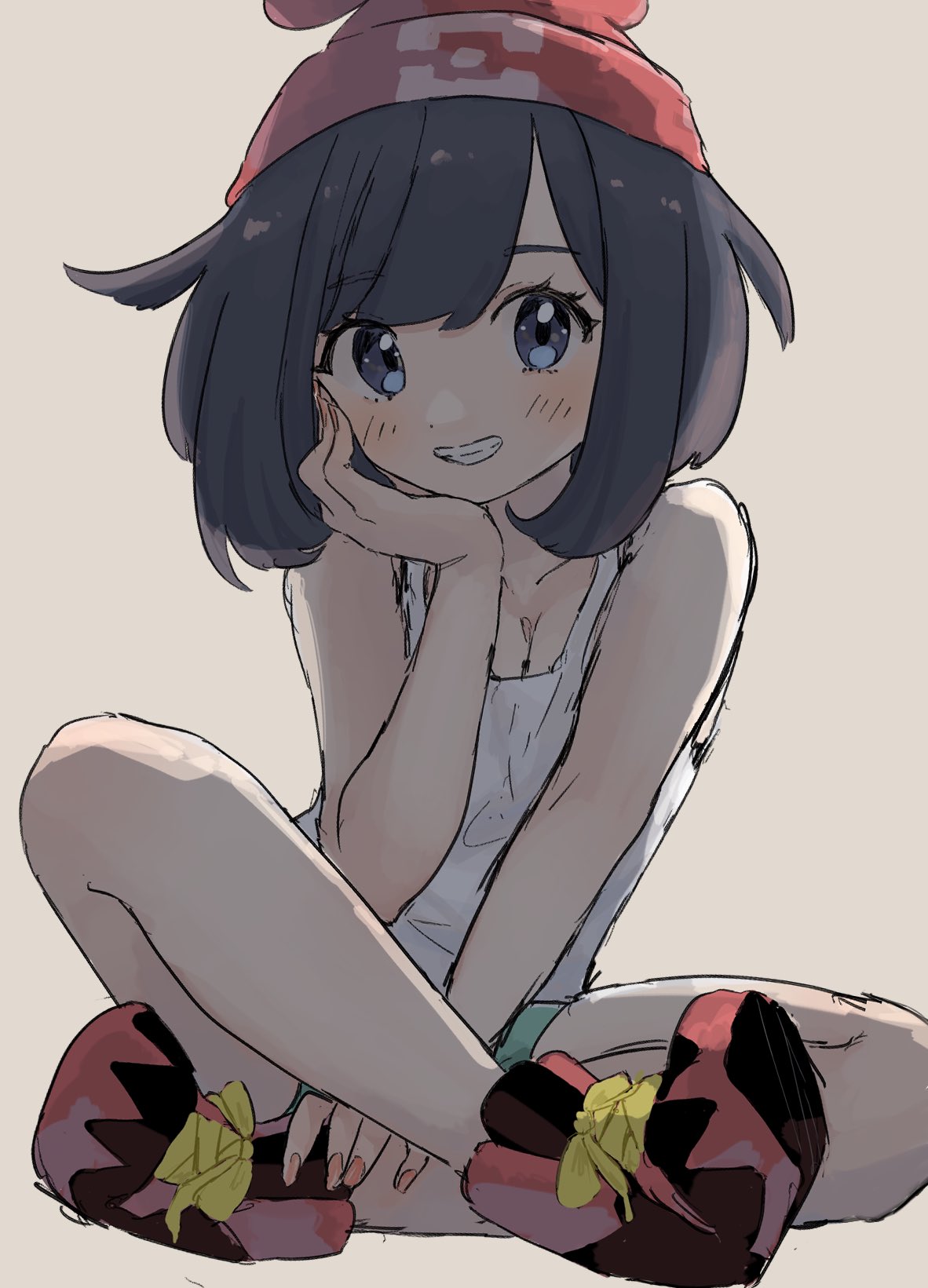 1girl backlighting black_hair blue_eyes blush breasts cleavage collarbone eyebrows_visible_through_hair grin hand_on_own_face hat highres knees legs looking_at_viewer mcmcusg nail_polish pokemon pokemon_(game) pokemon_sm pokemon_usum selene_(pokemon) shoes shorts simple_background sitting smile solo white_background
