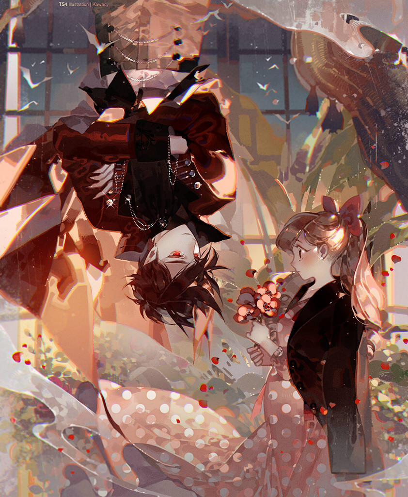 1boy 1girl artist_name asymmetrical_hair bat black_cape black_coat black_eyes black_hair bow brown_hair cape chain coat collared_coat commentary_request crossed_arms dress earrings eye_contact falling_petals flower from_side glint hair_bow holding holding_flower jewelry kawacy looking_at_another original petals pink_dress plant pointy_ears polka_dot polka_dot_dress ponytail red_bow red_coat red_eyes red_flower sitting smile upside-down vampire window