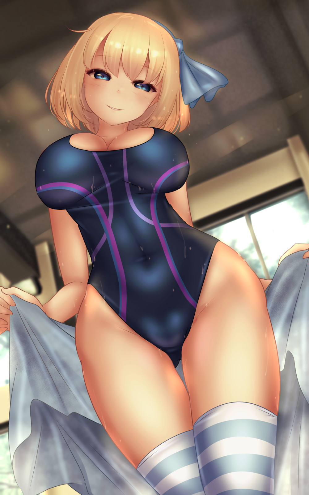 1girl alice_margatroid alice_margatroid_(pc-98) blonde_hair blue_bow blue_eyes blue_hairband blue_legwear blue_swimsuit bow breasts cleavage closed_mouth commentary_request covered_navel dutch_angle groin hair_bow hairband highleg highleg_swimsuit highres holding_sarong large_breasts one-piece_swimsuit oppai_loli sarong sarong_removed short_hair shounen_(hogehoge) smile solo striped striped_legwear swimsuit thighhighs touhou touhou_(pc-98) two-tone_legwear white_legwear younger