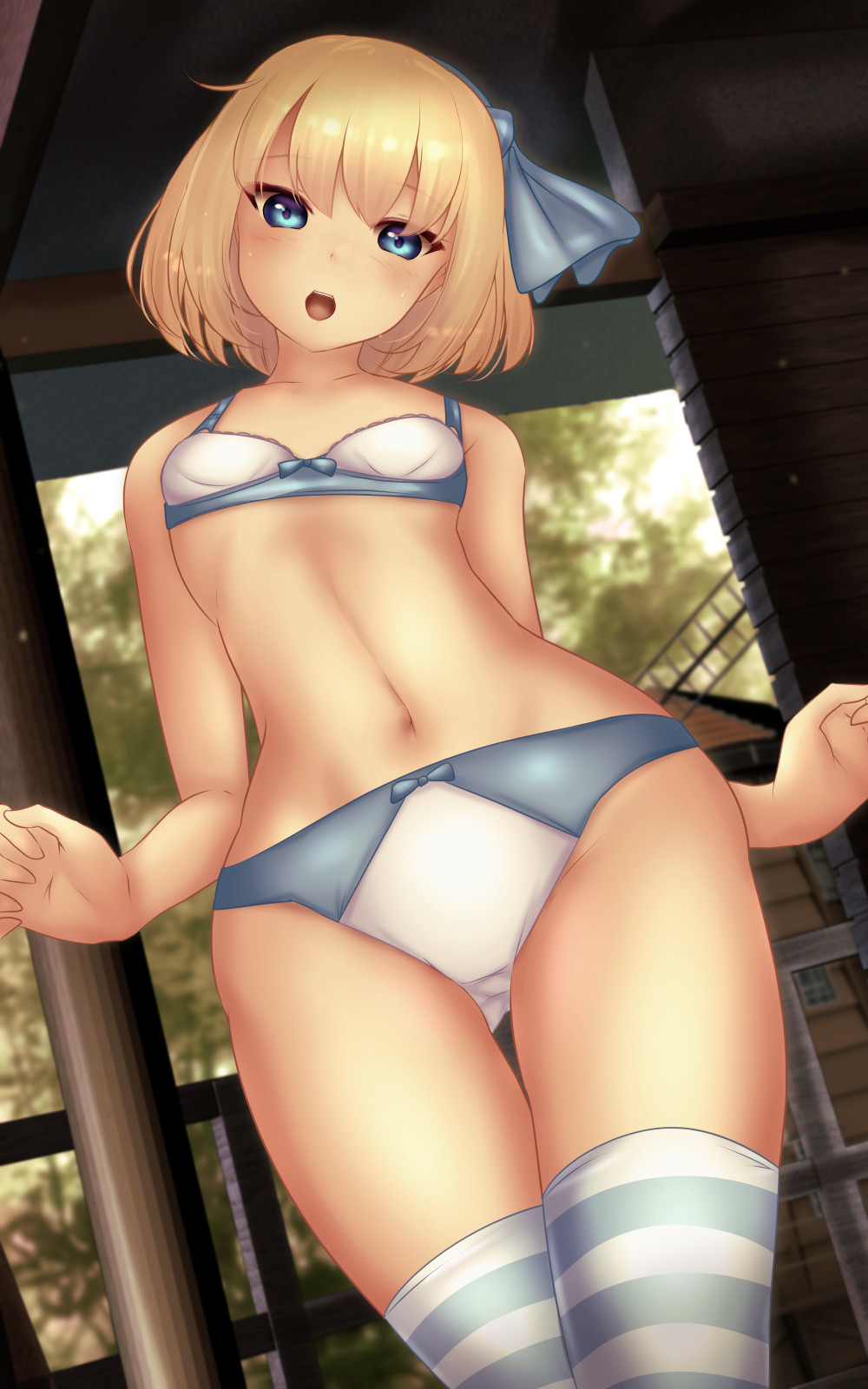 1girl alice_margatroid alice_margatroid_(pc-98) blonde_hair blue_bow blue_eyes blue_hairband blue_legwear bow bra breasts collarbone commentary_request dutch_angle hair_bow hairband highres midriff multicolored_clothes multicolored_legwear navel open_mouth panties short_hair shounen_(hogehoge) small_breasts solo stomach striped striped_legwear sweat thighhighs touhou touhou_(pc-98) two-tone_legwear underwear underwear_only white_bra white_legwear white_panties younger
