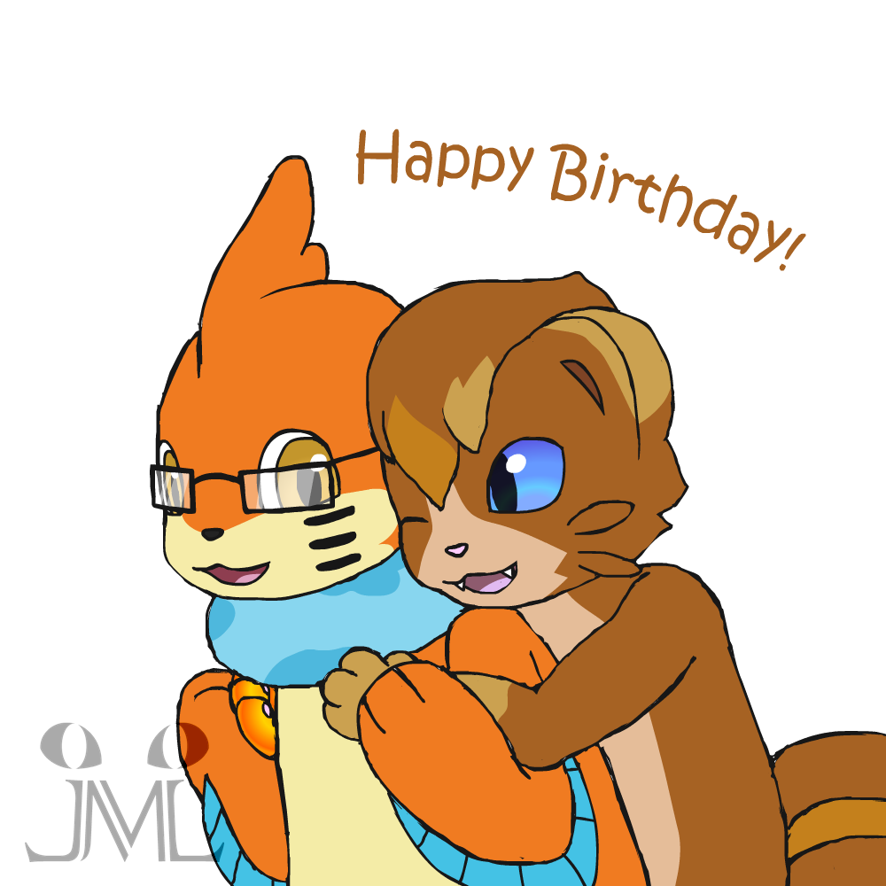 1:1 birthday blue_eyes brown_body brown_fur buizel duo dylan_the_buizel embrace eyewear fak&eacute;mon fan_character fur glasses hug hugging_from_behind jonatanm lewxen luxro male mammal marine nintendo orange_body orange_eyes orange_fur pok&eacute;mon pok&eacute;mon_(species) semi-anthro video_games