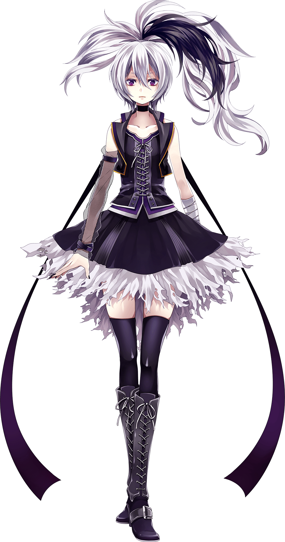 10xxx05 1girl arm_ribbon arm_warmers bandaged_arm bandages bare_shoulders black_ribbon boots cross-laced_footwear expressionless fishnet_armwear flower_(vocaloid) full_body highres jacket knee_boots lace-up_boots lace-up_top layered_skirt long_hair looking_at_viewer multicolored_hair official_art ponytail purple_eyes purple_footwear purple_hair purple_jacket purple_legwear purple_nails purple_shirt purple_skirt ribbon shirt single_arm_warmer skindentation skirt sleeveless sleeveless_jacket sleeveless_shirt standing streaked_hair thighhighs torn_clothes torn_skirt transparent_background vest vocaloid white_hair yamako_(state_of_children)
