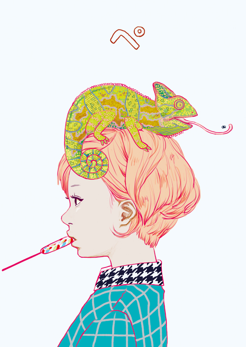 1girl animal_on_head bangs bug candy chameleon collared_shirt fly food from_side houndstooth lollipop looking_ahead mouth_hold negiusagi on_head original pink_hair profile shirt short_hair swept_bangs swirl_lollipop wavy_hair