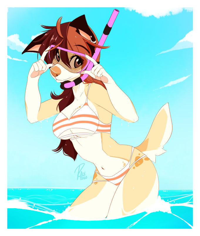 2022 anthro bikini breasts brown_eyes brown_hair canid canine canis clothing day detailed_background digital_media_(artwork) domestic_dog female hair mammal midriff navel outside sky smile solo swimwear wolflady