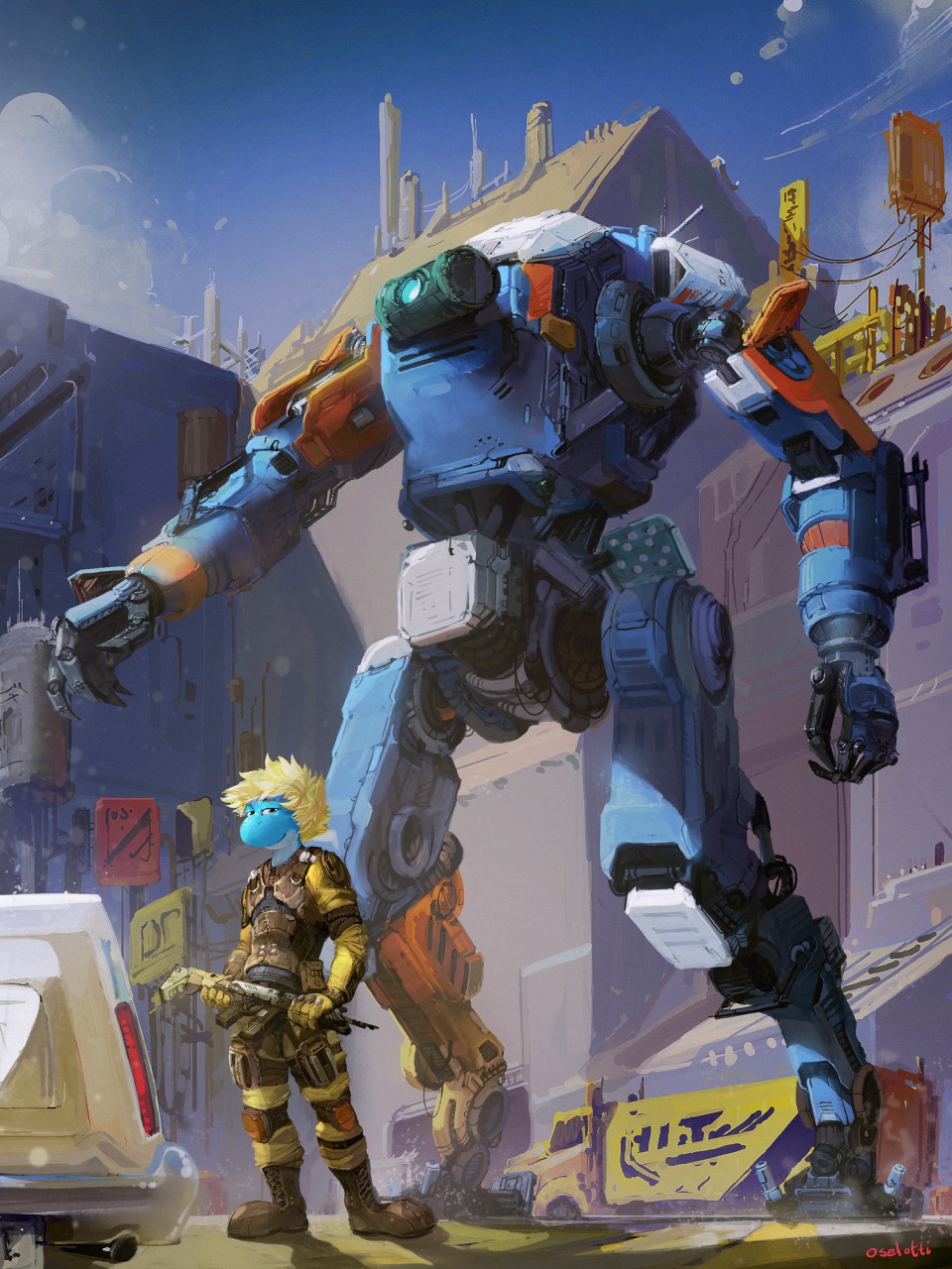 3:4 anthro armor blonde_hair blue_body cloud front_view green_eyes gun hair hi_res holding_gun holding_object holding_weapon looking_at_viewer machine male messy_hair narrowed_eyes oselotti outside plantigrade ranged_weapon robot shadow signature sky smile standing titanfall_2 weapon
