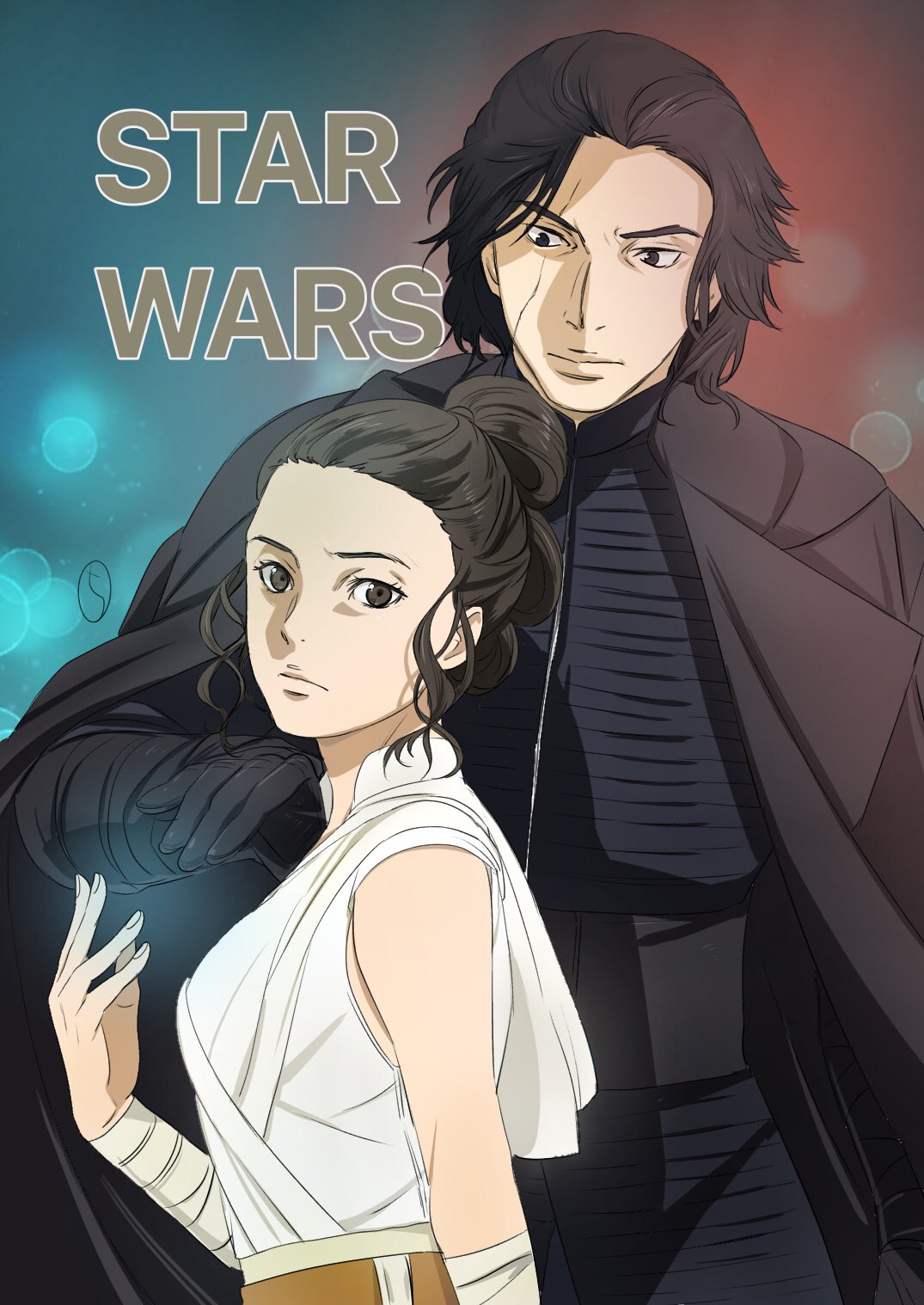 1boy 1girl bandages black_gloves black_hair breasts brown_eyes brown_hair cape closed_mouth gloves highres kobayashi_chizuru kylo_ren looking_at_viewer rey_(star_wars) scar short_hair star_wars star_wars:_the_force_awakens star_wars:_the_rise_of_skywalker