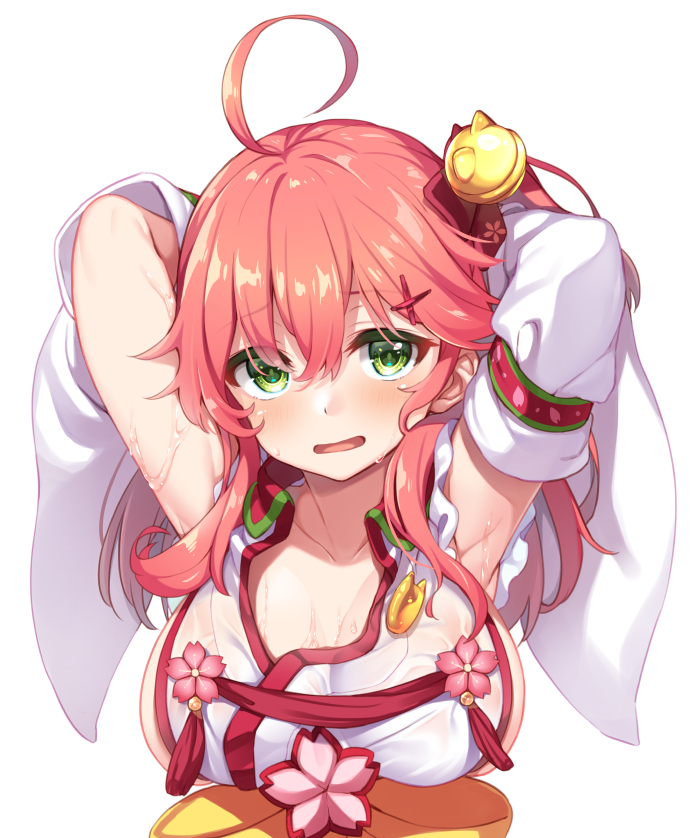 1girl ahoge armpits arms_behind_head arms_up bell breasts collarbone detached_sleeves dodome-iro_mayonnaise green_eyes hair_ornament hairclip hololive japanese_clothes jingle_bell large_breasts long_hair miko open_mouth presenting_armpit red_hair sakura_miko sideboob solo upper_body virtual_youtuber wet wet_clothes