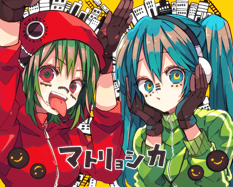 2girls aqua_eyes aqua_hair arms_up brown_gloves building city eye_print eyebrows_visible_through_hair eyelashes facial_mark gloves graffiti green_hair green_sweatshirt gumi hands_on_own_cheeks hands_on_own_face hands_up hatsune_miku headphones hood hood_up hoodie kaho_0102 long_hair matryoshka_(vocaloid) mouth_piercing multicolored_eyes multiple_girls open_mouth parted_lips piercing puckered_lips red_eyes red_hoodie ringed_eyes sidelocks smiley_face song_name sweatshirt teeth_print tongue tongue_out twintails vocaloid yellow_background zipper