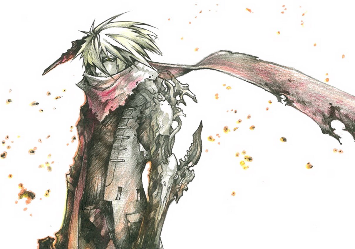 1boy arm_blade blade blonde_hair burnt burnt_clothes cable coat embers hatching_(texture) holding holding_weapon madangel male_focus mechanical_arms original red_scarf scarf single_mechanical_arm sleeveless_coat solo spiked_hair torn torn_clothes torn_coat torn_scarf traditional_media weapon yellow_eyes