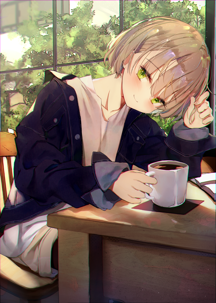 1girl bangs blue_jacket book buttons closed_mouth coffee_cup collarbone commentary_request cup desk disposable_cup from_side green_eyes hair_between_eyes hand_up holding holding_cup indoors jacket kamizaki_hibana leaning_forward long_sleeves looking_at_viewer medium_hair open_book original playing_with_own_hair shirt smile solo tree upper_body white_shirt window wooden_chair