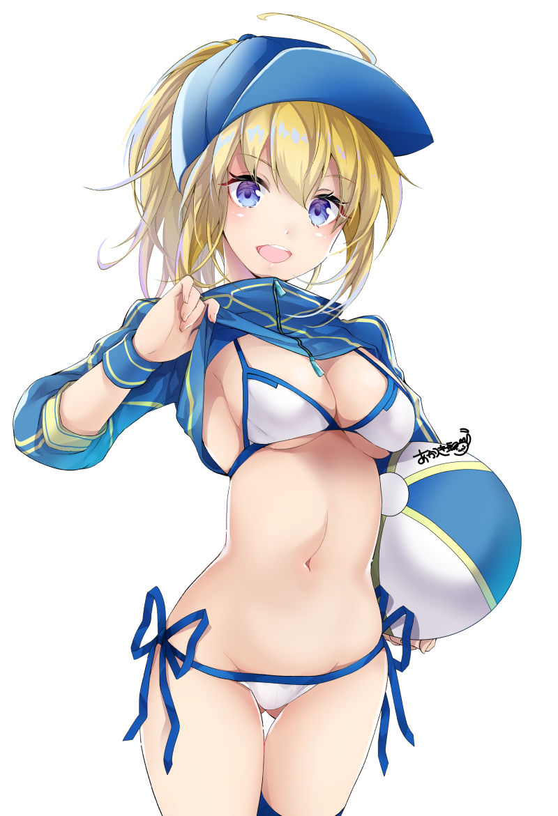 1girl akatsuki_hijiri artoria_pendragon_(fate) ass_visible_through_thighs ball beachball bikini blonde_hair breasts character_request cleavage cowboy_shot fate/grand_order fate_(series) groin hat high_ponytail large_breasts mysterious_heroine_xx_(fate) navel self_exposure shrug_(clothing) side-tie_bikini single_thighhigh solo swimsuit thighhighs white_background white_bikini