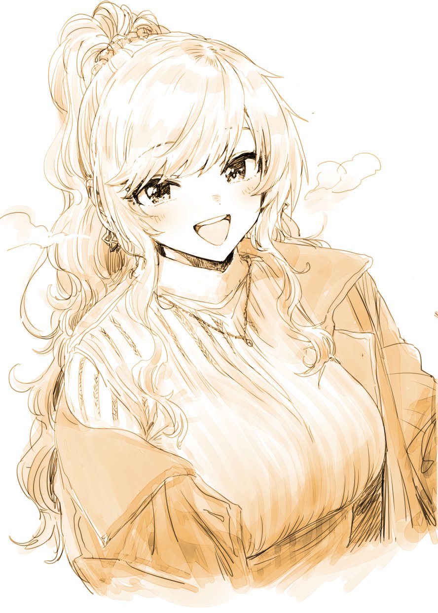 1girl :d bangs blush breasts breath cropped_torso goshiki_suzu highres idolmaster idolmaster_cinderella_girls jacket jacket_partially_removed jewelry large_breasts long_hair looking_at_viewer monochrome necklace ohtsuki_yui ponytail ribbed_shirt round_teeth sepia shirt sidelocks simple_background smile solo swept_bangs teeth upper_body wavy_hair
