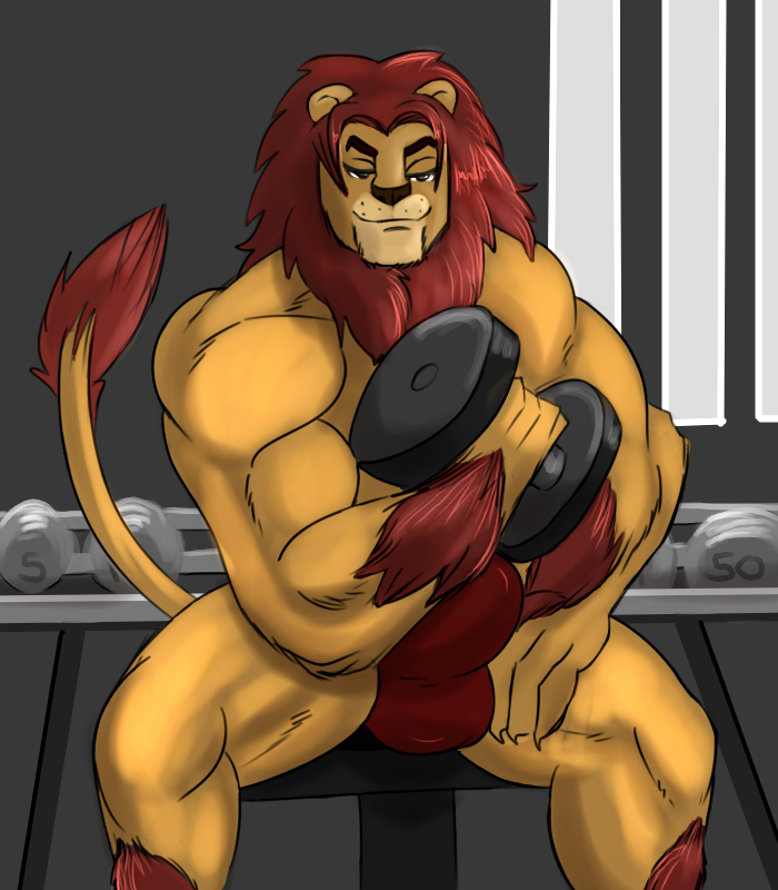 2019 anthro baddemona bedroom_eyes bulge clothing collegehumor dumbbell exercise felid fur furry_force hairy_arms hairy_legs leon_(furry_force) lion male mammal mane muscular muscular_anthro muscular_legs muscular_male narrowed_eyes pantherine red_clothing red_mane red_thong red_underwear seductive solo tail_tuft thong tuft underwear weight_rack weight_room weightlifting weights workout yellow_body yellow_fur