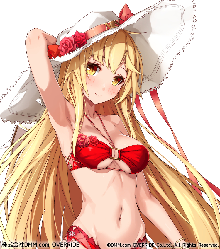 1girl arm_behind_head armpits bandeau bangle bangs bikini blonde_hair bow bracelet breasts cleavage collarbone flower hand_on_headwear hat hat_bow hat_flower jewelry long_hair looking_at_viewer medium_breasts midriff navel official_art original pink_flower pink_rose red_bikini red_bow red_flower red_rose rose simple_background solo stomach sun_hat swimsuit takanashi_kei_(hitsujikan) upper_body very_long_hair white_background white_headwear yellow_eyes