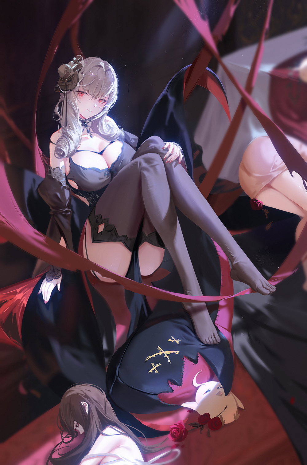 2girls azur_lane bangs bare_shoulders black_dress black_headwear black_legwear blush braid breasts cleavage closed_mouth detached_sleeves dress drill_locks duplicate eyebrows_visible_through_hair feet flower full_body grey_hair hand_on_own_leg hat highres jewelry large_breasts lips long_hair looking_at_viewer lutzow_(azur_lane) lutzow_(everlasting_blood_banquet)_(azur_lane) manjuu_(azur_lane) md5_mismatch mini_hat multiple_girls nail_polish necklace no_shoes official_alternate_costume pixel-perfect_duplicate red_eyes red_flower red_nails red_rose rose sansan_(dongfangzhong111) sitting thighhighs thighs