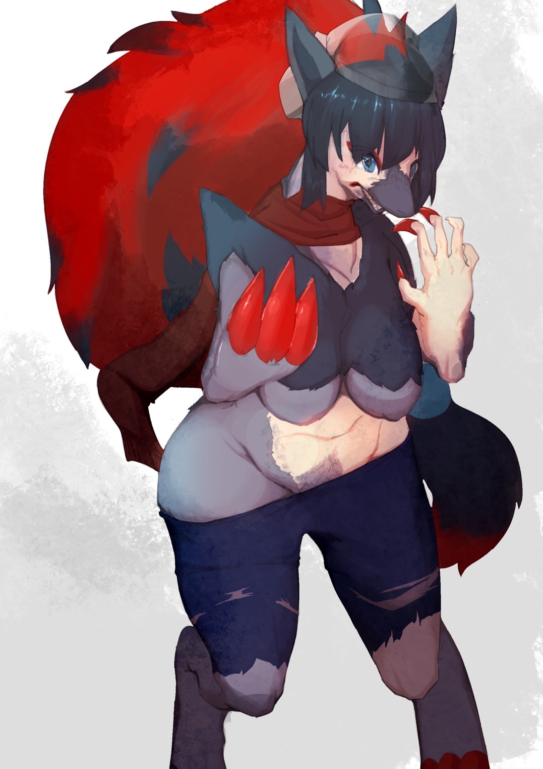 anthro biped blue_eyes bottomwear breasts canid canine claw_growth claws clothing digitigrade female fur fur_growth grey_background grey_body grey_fur growth hair hi_res human human_to_anthro long_hair looking_at_self mammal mid_transformation nintendo pants pok&eacute;mon pok&eacute;mon_(species) raaggu red_claws red_scarf sagging_breasts scarf shaded sharp_teeth simple_background slightly_chubby snout solo species_transformation teeth toe_claws torn_bottomwear torn_clothing torn_pants transformation video_games zoroark