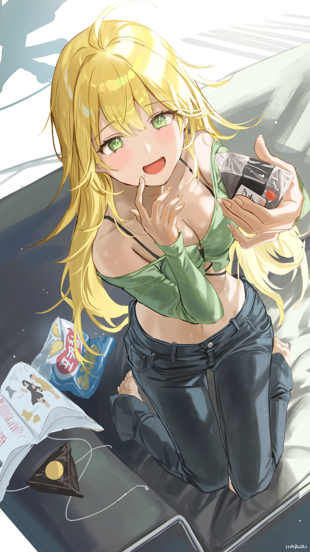 1girl :d ahoge barefoot blonde_hair breasts chips cleavage couch crop_top denim food food_on_face green_shirt haruri highres holding holding_food hoshii_miki idolmaster idolmaster_(classic) jeans kneeling long_hair looking_at_viewer messy_hair navel off-shoulder_shirt off_shoulder onigiri pants potato_chips reaching_out rice rice_on_face shirt smile solo sunlight very_long_hair