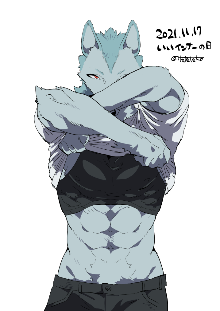2021 abs anthro biped black_bottomwear black_clothing black_nose blue_ears blue_hair bottomwear canid canine clothed clothing dated digital_media_(artwork) fur grey_arms grey_body grey_face grey_fur grey_hands grey_inner_ear hair japanese_text kemono looking_at_viewer male mammal monotone_arms monotone_bottomwear monotone_clothing monotone_ears monotone_eyes monotone_face monotone_hair monotone_hands monotone_inner_ear monotone_nose monotone_shirt monotone_topwear navel portrait red_eyes shirt simple_background snout solo t-shirt teteteko text three-quarter_portrait topwear undressing white_background white_clothing white_shirt white_topwear