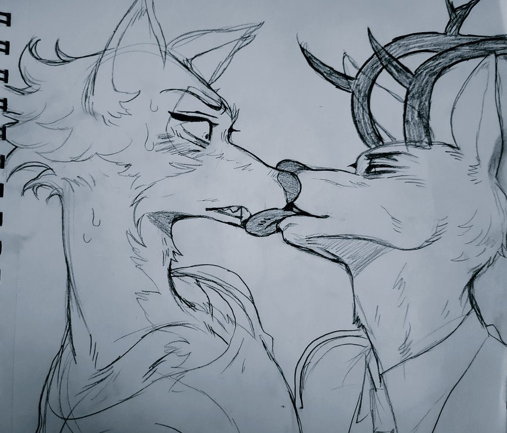 beastars canid canine canis cervid duo kissing legoshi_(beastars) louis_(beastars) male male/male mammal tongue valentitans wolf
