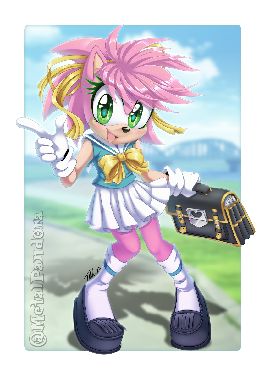 2022 alpha_channel amy_rose anthro black_clothing black_footwear black_nose black_shoes border clothed clothing digital_media_(artwork) eulipotyphlan female footwear gloves green_eyes hair handwear hedgehog hi_res holding_object looking_at_viewer mammal metalpandora open_mouth open_smile pink_hair school_uniform sega short_hair signature smile socks solo sonic_the_hedgehog_(series) transparent_border uniform white_clothing white_footwear white_gloves white_handwear white_socks