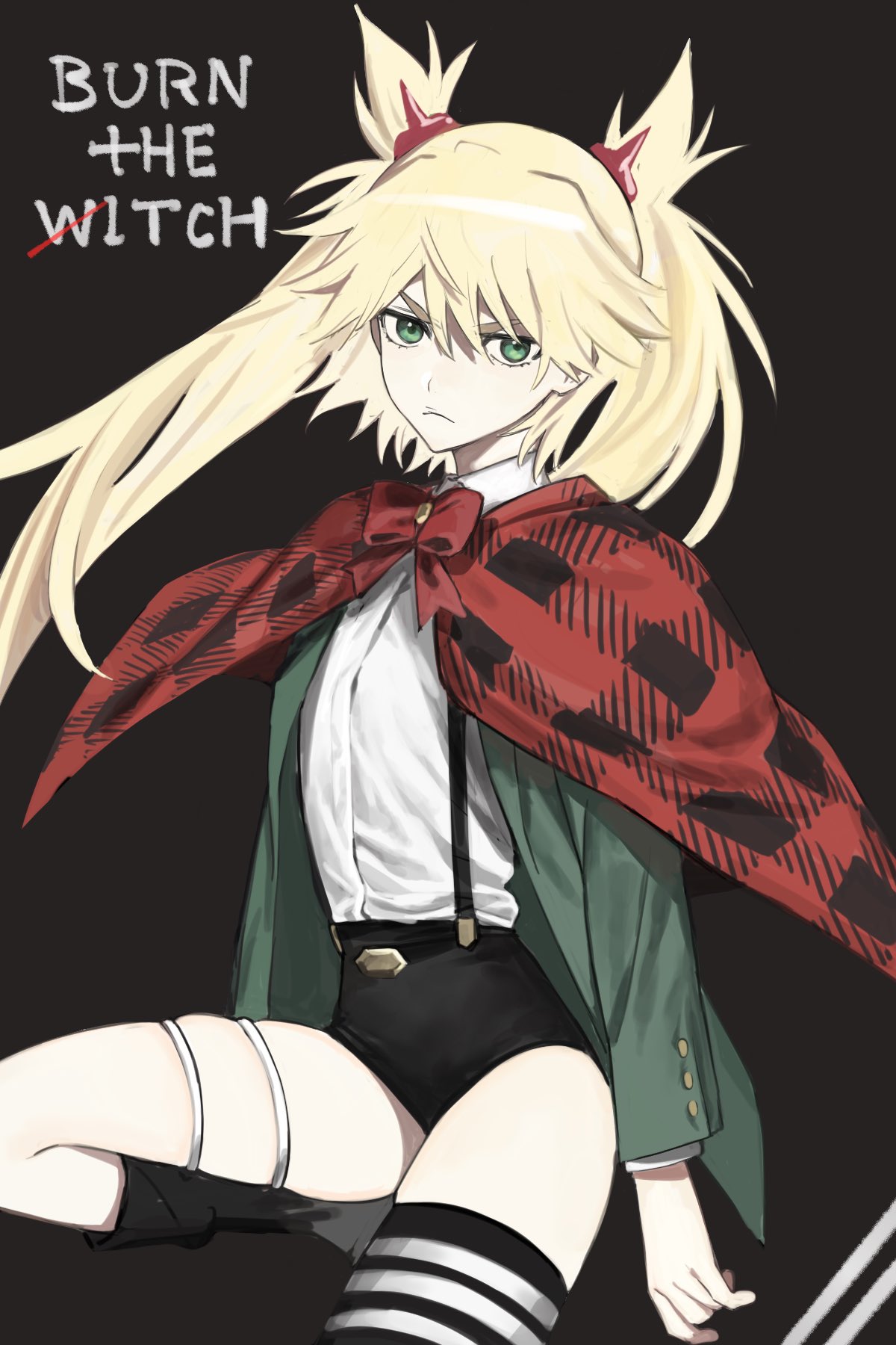 1girl black_legwear blonde_hair bow burn_the_witch capelet checkered checkered_clothes closed_mouth copyright_name eyebrows_visible_through_hair frown green_eyes grey_background hair_between_eyes highres long_hair looking_at_viewer ninny_spangcole plaid plaid_capelet red_bow red_capelet simple_background single_thighhigh skindentation solo striped striped_legwear thigh_strap thighhighs twintails xxxsoiu1