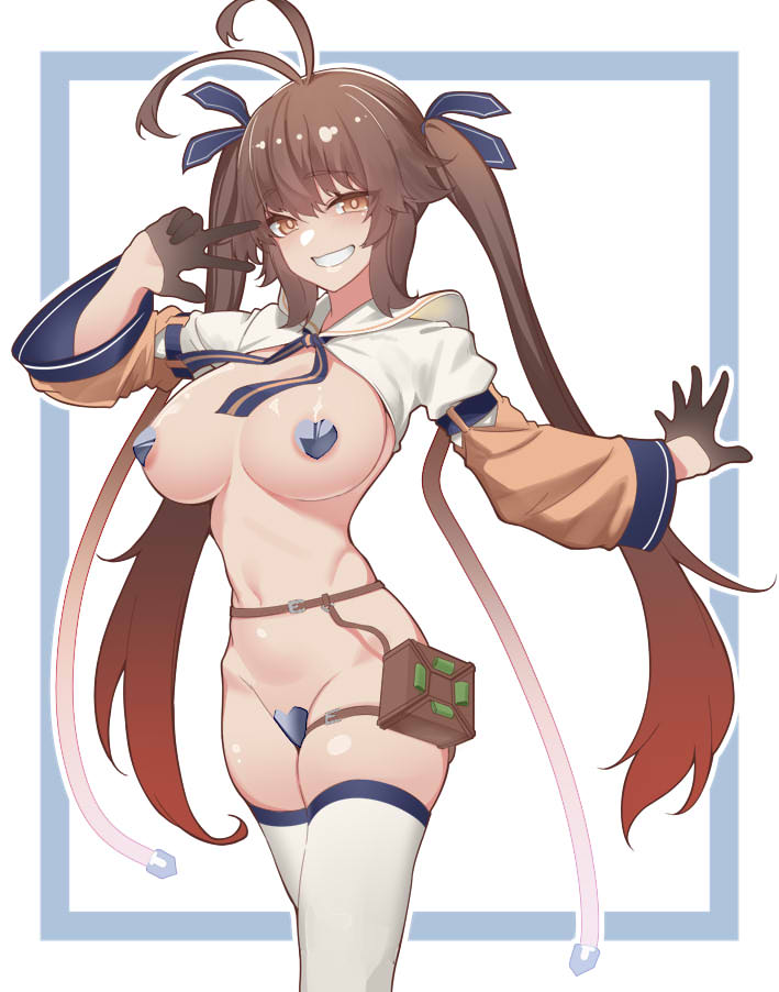 1girl adapted_costume antenna_hair areola_slip areolae black_gloves girls'_frontline gloves gradient_hair grin half_gloves long_hair looking_at_viewer m14_(girls'_frontline) multicolored_hair navel pasties sidelocks skindentation smile solo thighhighs twintails very_long_hair warashi